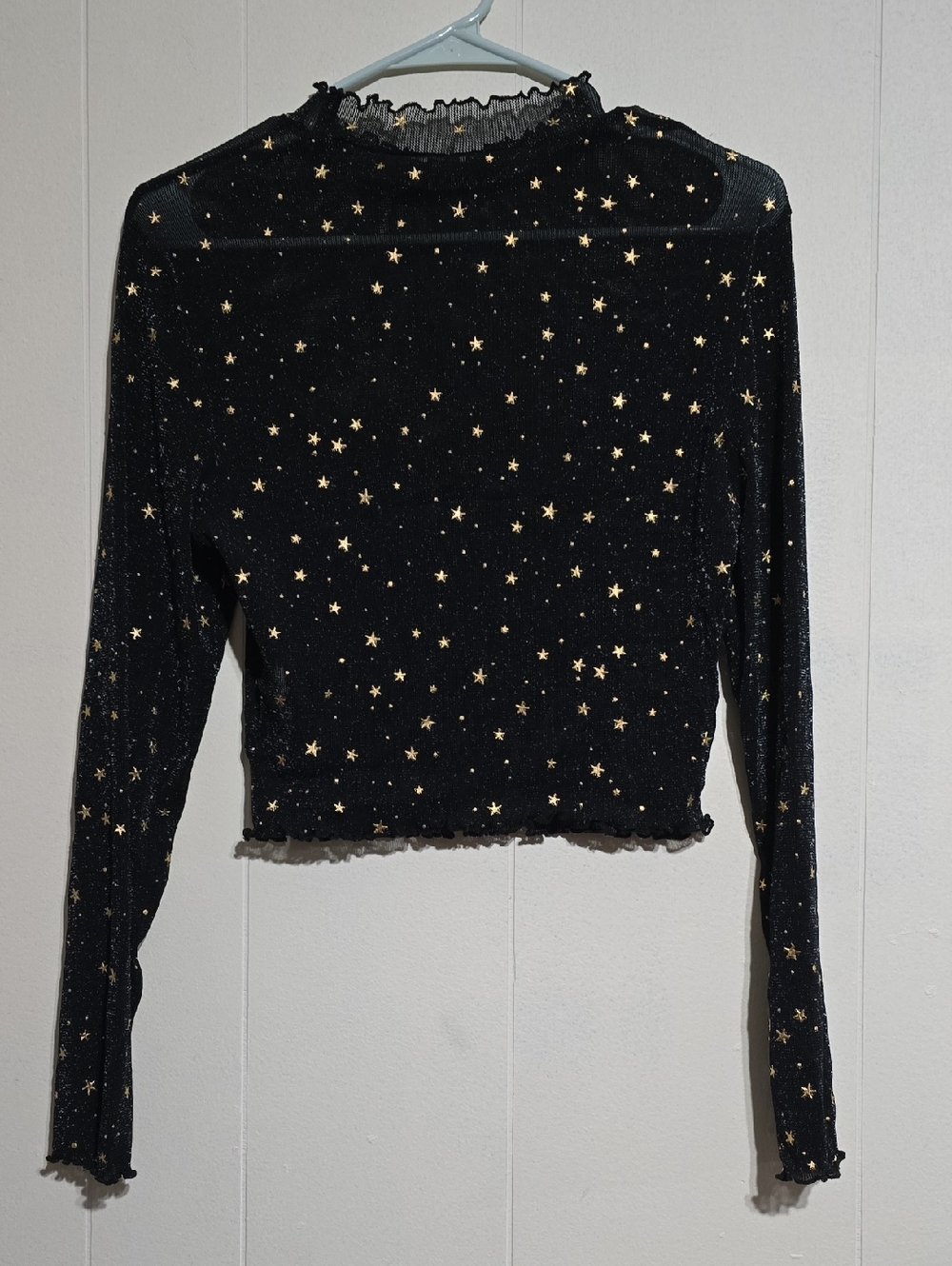 Sheer Black Star-Print Long Sleeve Mock Neck Top